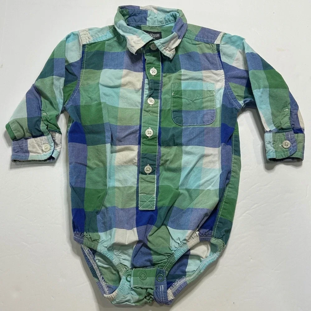 OshKosh B'gosh Plaid Long Sleeve Bodysuit 18 Months Green Blue‎ White